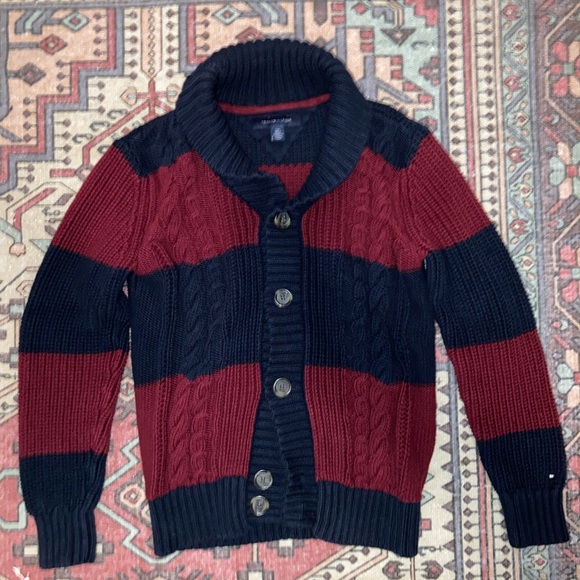 Tommy Hilfiger Men's Cable Knit Cardigan - Navy and Red - Picture 1 of 7